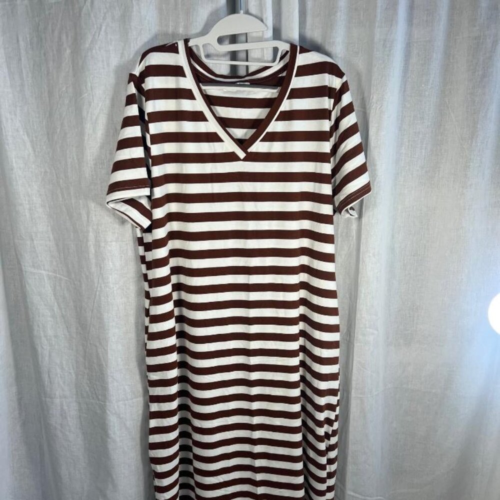 NWOT Naggoo Short Sleeve Maxi Dress in Brown/White Stripes - Size 2XL